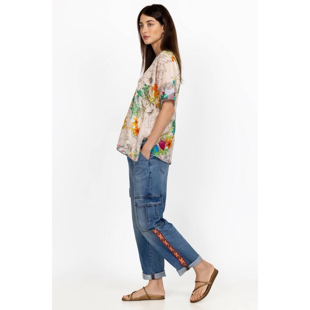 Johnny Was Eliza Cargo Jean Size 28 Medium Wash Boho Embroidered trim